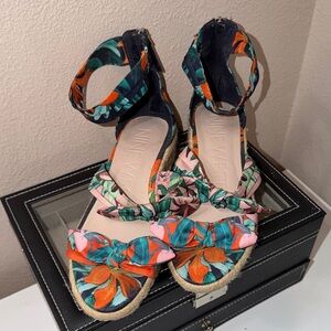 Nine West Floral Tie-Knot Ankle-Strap Espadrille Sandals - Orange, Teal, Pink